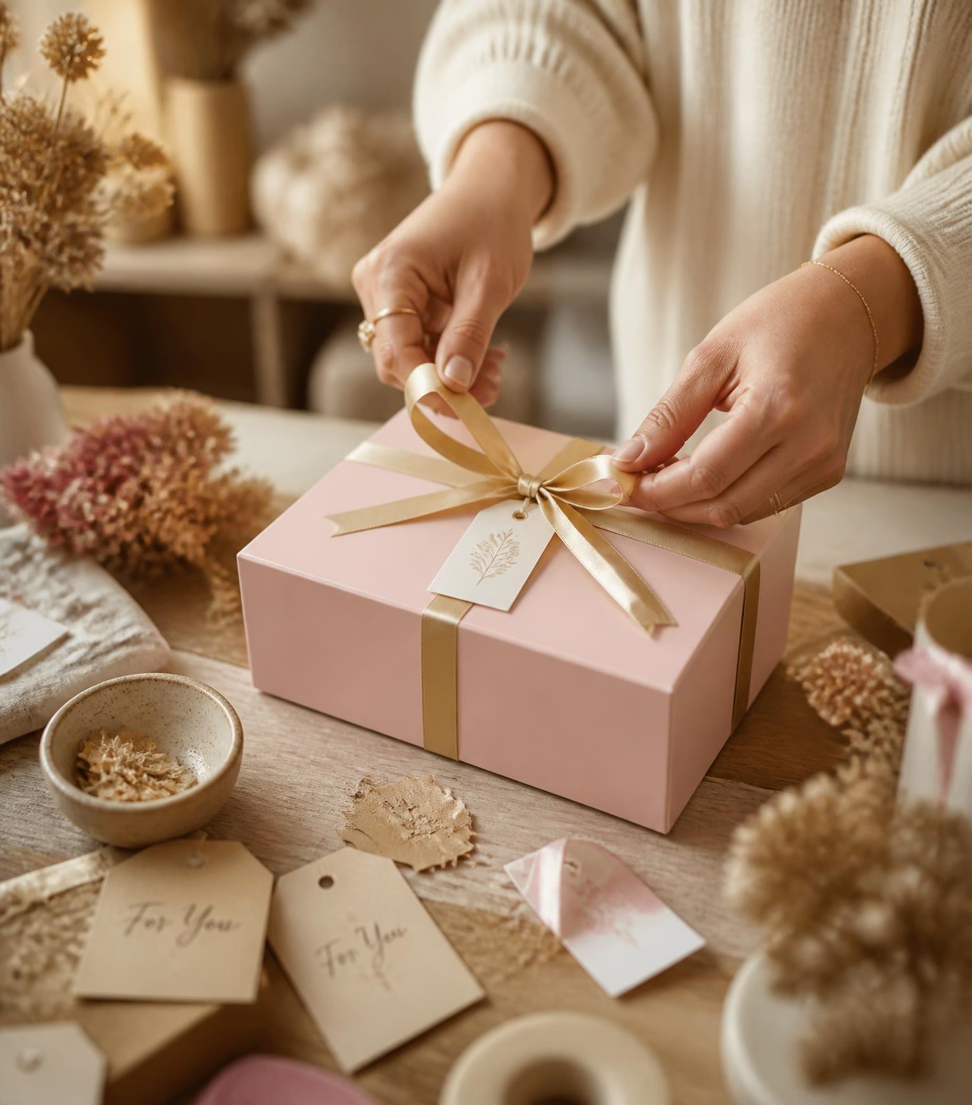 Preparando un regalo con listón dorado